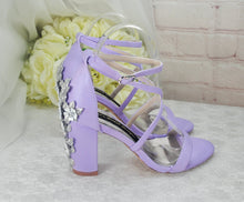 Load image into Gallery viewer, Lilac Satin Block Heel Bridal Sandals