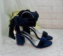 Load image into Gallery viewer, Navy Blue Velvet Block Heels with Cherry Blossom Size UK3 / US5.5
