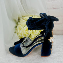 Load image into Gallery viewer, Navy Blue Velvet Block Heels with Cherry Blossom Size UK3 / US5.5