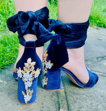 Load image into Gallery viewer, Navy Blue Velvet Block Heels with Cherry Blossom Size UK3 / US5.5