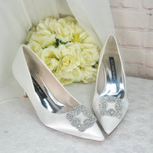 Load image into Gallery viewer, Kitten Heel Satin Bridal Shoes with Designer Square Crystal Shoe Clip - Other Colours