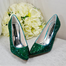 Load image into Gallery viewer, Emerald Green Crystal Heels with Matching Clutch Bag