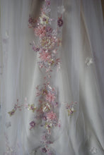 Load image into Gallery viewer, Beautiful cathedral wedding veil 3D Pink embroidered flowers, floral wedding veil, white bridal veil with exquisite floral embroidery