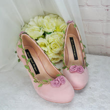 Load image into Gallery viewer, Blush Pink Suede Wedding Sandals with Rose Details- UK4/US6.5