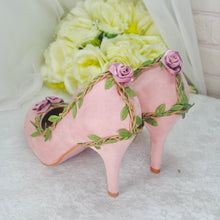 Load image into Gallery viewer, Blush Pink Suede Wedding Sandals with Rose Details- UK4/US6.5