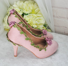 Load image into Gallery viewer, Blush Pink Suede Wedding Sandals with Rose Details- UK4/US6.5