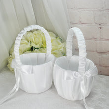 Load image into Gallery viewer, Satin Flower Girl Basket, White Flower Girl Basket, Choice of Ribbon Colour