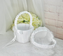 Load image into Gallery viewer, Satin Flower Girl Basket, White Flower Girl Basket, Choice of Ribbon Colour