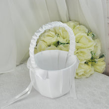 Load image into Gallery viewer, Satin Flower Girl Basket, White Flower Girl Basket, Choice of Ribbon Colour