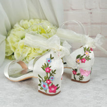 Load image into Gallery viewer, Ivory Satin Bridal Sandals with Floral Embroidery
