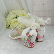 Load image into Gallery viewer, Ivory Satin Bridal Sandals with Floral Embroidery