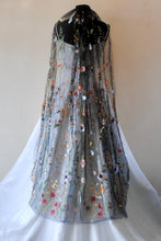 Load image into Gallery viewer, Beautiful black wedding veil bright embroidered flowers