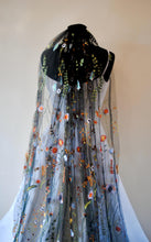 Load image into Gallery viewer, Beautiful black wedding veil bright embroidered flowers