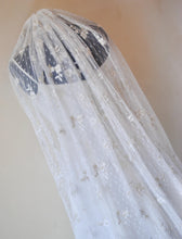 Load image into Gallery viewer, Soft Embroidered Veil Bridal White Swiss Dot Fabric with White Flowers and Shimmering Gold Embroidery