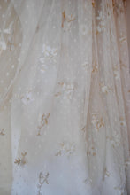 Load image into Gallery viewer, Soft Embroidered Veil Bridal White Swiss Dot Fabric with White Flowers and Shimmering Gold Embroidery