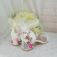 Load image into Gallery viewer, Ivory Satin Bridal Sandals with Floral Embroidery