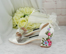 Load image into Gallery viewer, Ivory Satin Bridal Sandals with Floral Embroidery
