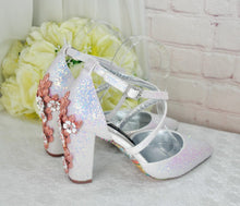 Load image into Gallery viewer, Iridescent Unicorn Glitter Block Heel Sandals with Custom Cherry Blossom