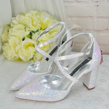Load image into Gallery viewer, Iridescent Unicorn Glitter Block Heel Sandals with Custom Cherry Blossom