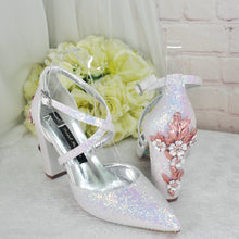 Load image into Gallery viewer, Iridescent Unicorn Glitter Block Heel Sandals with Custom Cherry Blossom