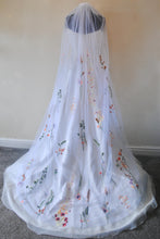 Load image into Gallery viewer, Beautiful cathedral white wedding veil bright embroidered flowers