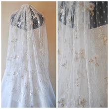 Load image into Gallery viewer, Soft Embroidered Veil Bridal White Swiss Dot Fabric with White Flowers and Shimmering Gold Embroidery