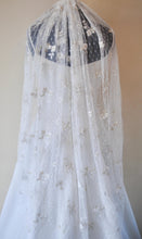 Load image into Gallery viewer, Soft Embroidered Veil Bridal White Swiss Dot Fabric with White Flowers and Shimmering Gold Embroidery