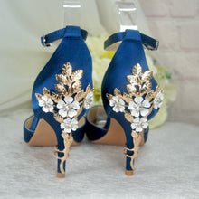 Load image into Gallery viewer, Ivory Satin Low Heel Bridal Sandals with Cherry Blossom