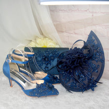 Load image into Gallery viewer, Navy Blue Satin Sandals Clutch Bag and Fascinator Hat