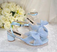Load image into Gallery viewer, Blue or White Wedding Sandals Block Heels Bridal Shoes with Bow Wide Fit Shoe