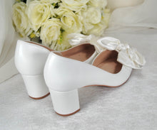 Load image into Gallery viewer, White Bow Wedding Shoes with Block Heel D'Orsey Chunky Heel, Bridal Shoe with Bows Size UK6/US8.5