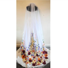Load image into Gallery viewer, White wedding veil bright embroidered flowers