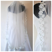 Load image into Gallery viewer, Floral Embroidered Lace Edge Bridal Veil with Sage Green Details