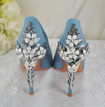 Load image into Gallery viewer, Beautiful Blue Suede Wedding Shoes withSsilver 'Cherry Blossom', Embellished Bridal Shoes, Wedding Heels for Bride Size UK7/US9.5