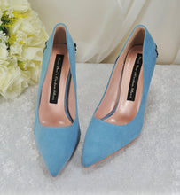 Load image into Gallery viewer, Beautiful Blue Suede Wedding Shoes withSsilver 'Cherry Blossom', Embellished Bridal Shoes, Wedding Heels for Bride Size UK7/US9.5