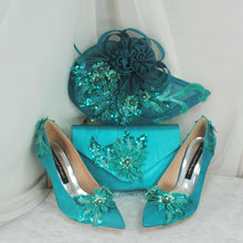Load image into Gallery viewer, Stunning Teal Satin Sandals Clutch Bag and Fascinator Hat.