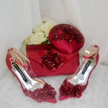 Load image into Gallery viewer, Burgundy Satin Sandals Clutch Bag and Fascinator Hat.