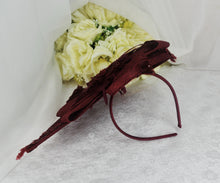Load image into Gallery viewer, Burgundy Satin Sandals Clutch Bag and Fascinator Hat.