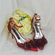 Load image into Gallery viewer, Burgundy Satin Sandals Clutch Bag and Fascinator Hat.