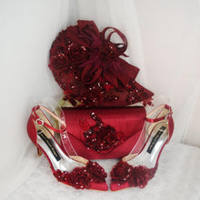 Load image into Gallery viewer, Burgundy Sandals Clutch Bag and Fascinator Hat. UK4/US6.5
