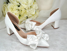Load image into Gallery viewer, White Bow Wedding Shoes with Block Heel D'Orsey Chunky Heel, Bridal Shoe with Bows Size UK6/US8.5