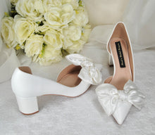 Load image into Gallery viewer, White Bow Wedding Shoes with Block Heel D'Orsey Chunky Heel, Bridal Shoe with Bows Size UK6/US8.5
