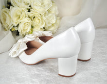 Load image into Gallery viewer, White Bow Wedding Shoes with Block Heel D'Orsey Chunky Heel, Bridal Shoe with Bows Size UK6/US8.5