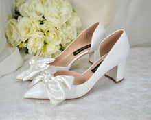 Load image into Gallery viewer, White Bow Wedding Shoes with Block Heel D'Orsey Chunky Heel, Bridal Shoe with Bows Size UK6/US8.5