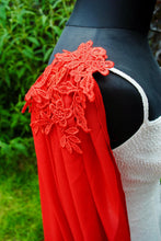 Load image into Gallery viewer, Wedding Cape - Chiffon Bridal Cloak with Lace - Red | 200cm Alternative Wedding Veil Floor Length Winter Wedding