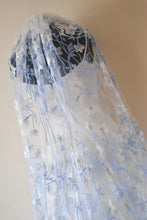 Load image into Gallery viewer, White Waltz Length Flower Floral Veil, Beautiful Wedding Veil with Blue Flowers