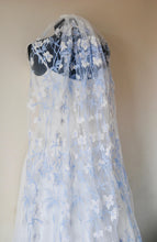 Load image into Gallery viewer, White Waltz Length Flower Floral Veil, Beautiful Wedding Veil with Blue Flowers
