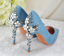 Load image into Gallery viewer, Beautiful Blue Suede Wedding Shoes withSsilver 'Cherry Blossom', Embellished Bridal Shoes, Wedding Heels for Bride Size UK7/US9.5