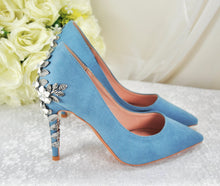 Load image into Gallery viewer, Beautiful Blue Suede Wedding Shoes withSsilver 'Cherry Blossom', Embellished Bridal Shoes, Wedding Heels for Bride Size UK7/US9.5