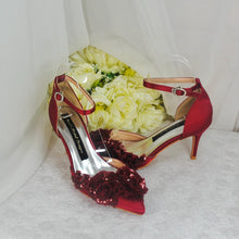 Load image into Gallery viewer, Burgundy Sandals Clutch Bag and Fascinator Hat. UK4/US6.5